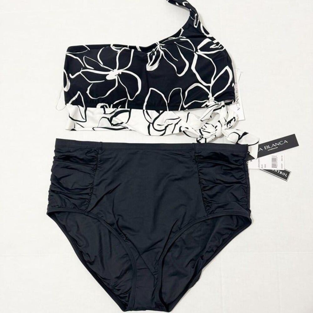 La Blanca Plus NWT Sz 18W Black White One Shoulder High Waist Swimsuit Set